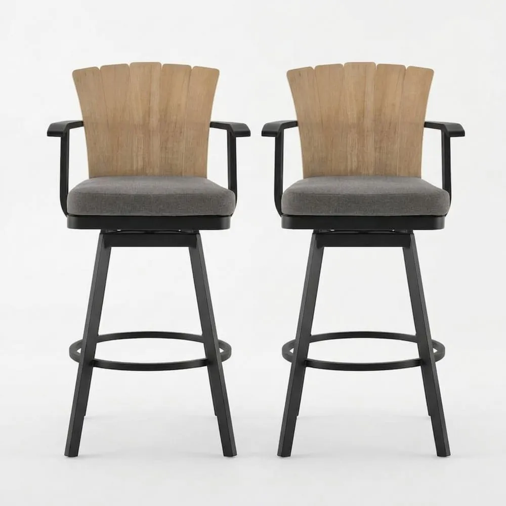 2-teiliger drehbarer Hochstuhl aus Eisen, Eichenholz-Rückenlehne und grauem Stoff