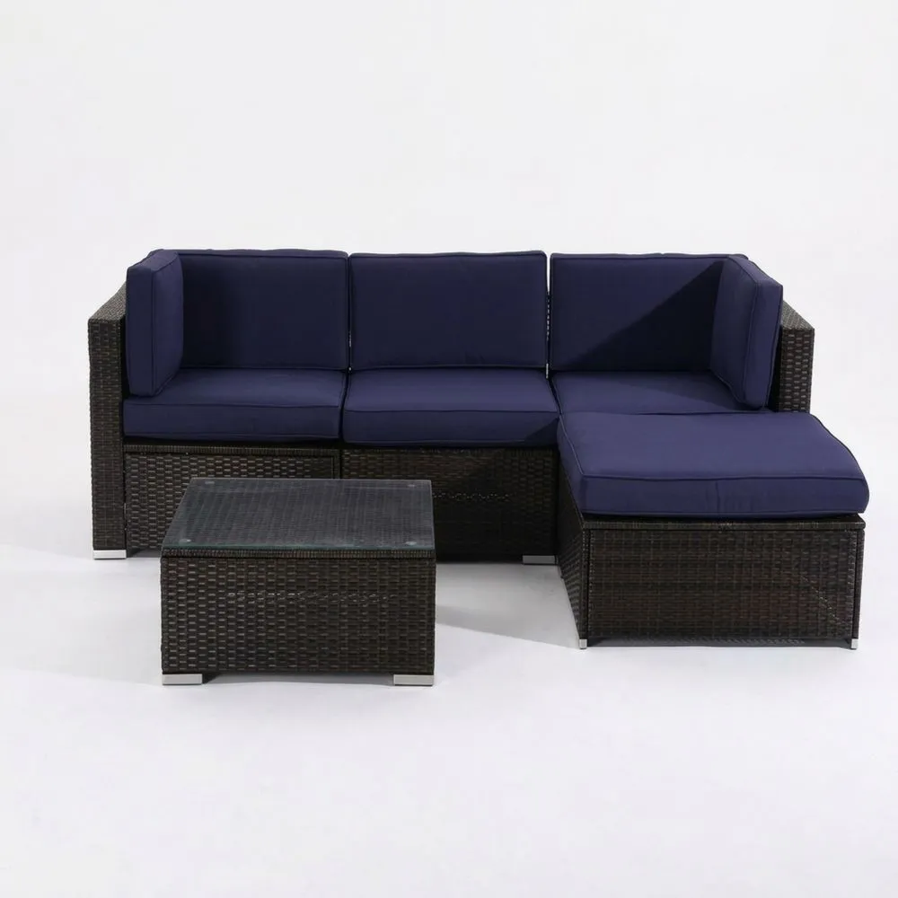 Rattan Ecksofa Set mit Polster und Tisch aus Sicherheitsglas Dunkelblau