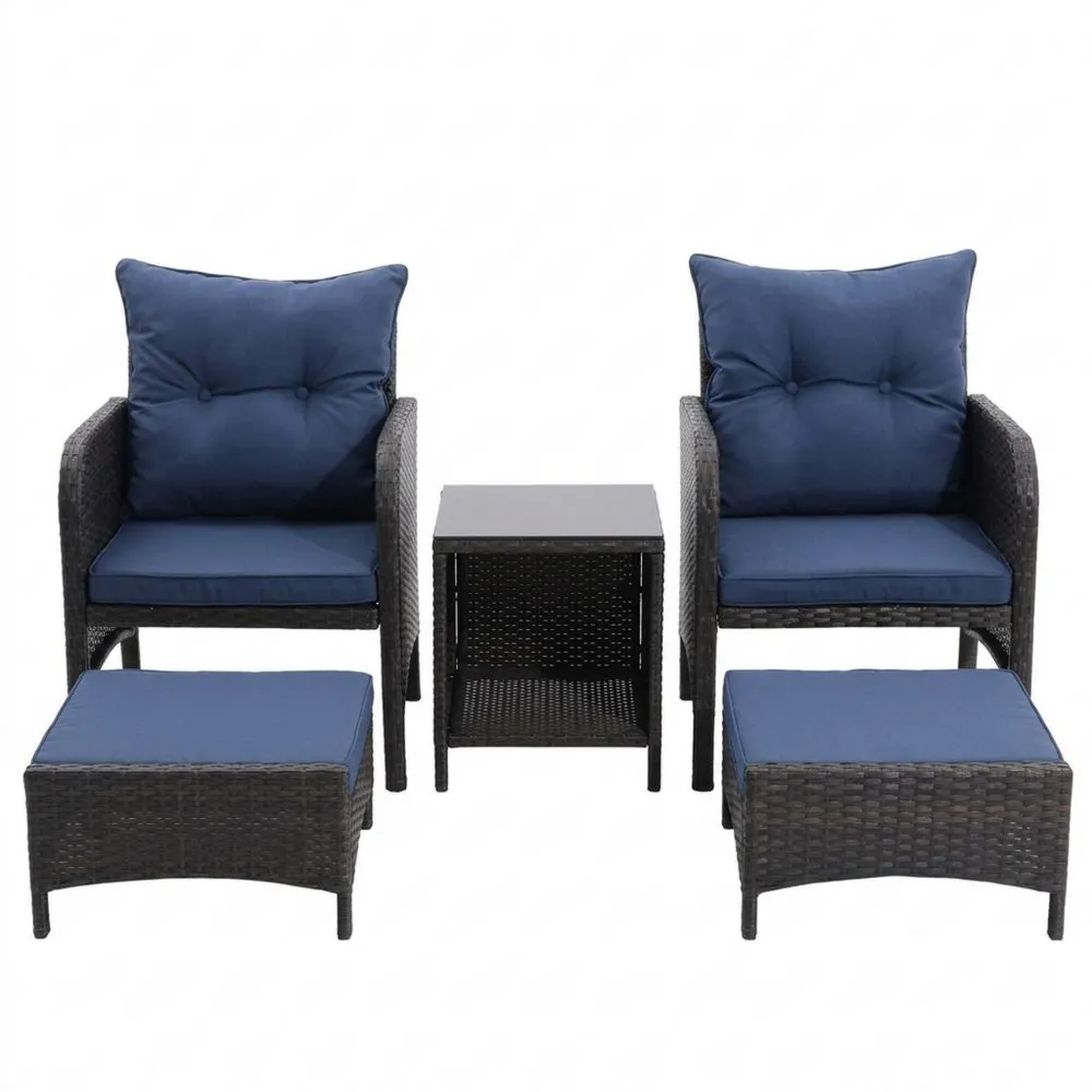 Gartenmöbel-Set aus Rattan mit Blauen Polyesterkissen, 5-teilig