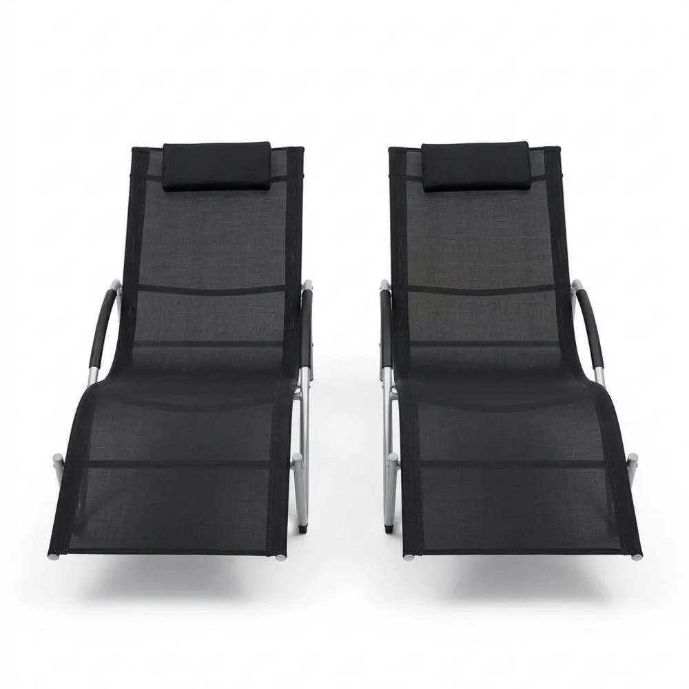 2er Set Liegestühle aus Textilene in Schwarz mit Aluminiumrahmen