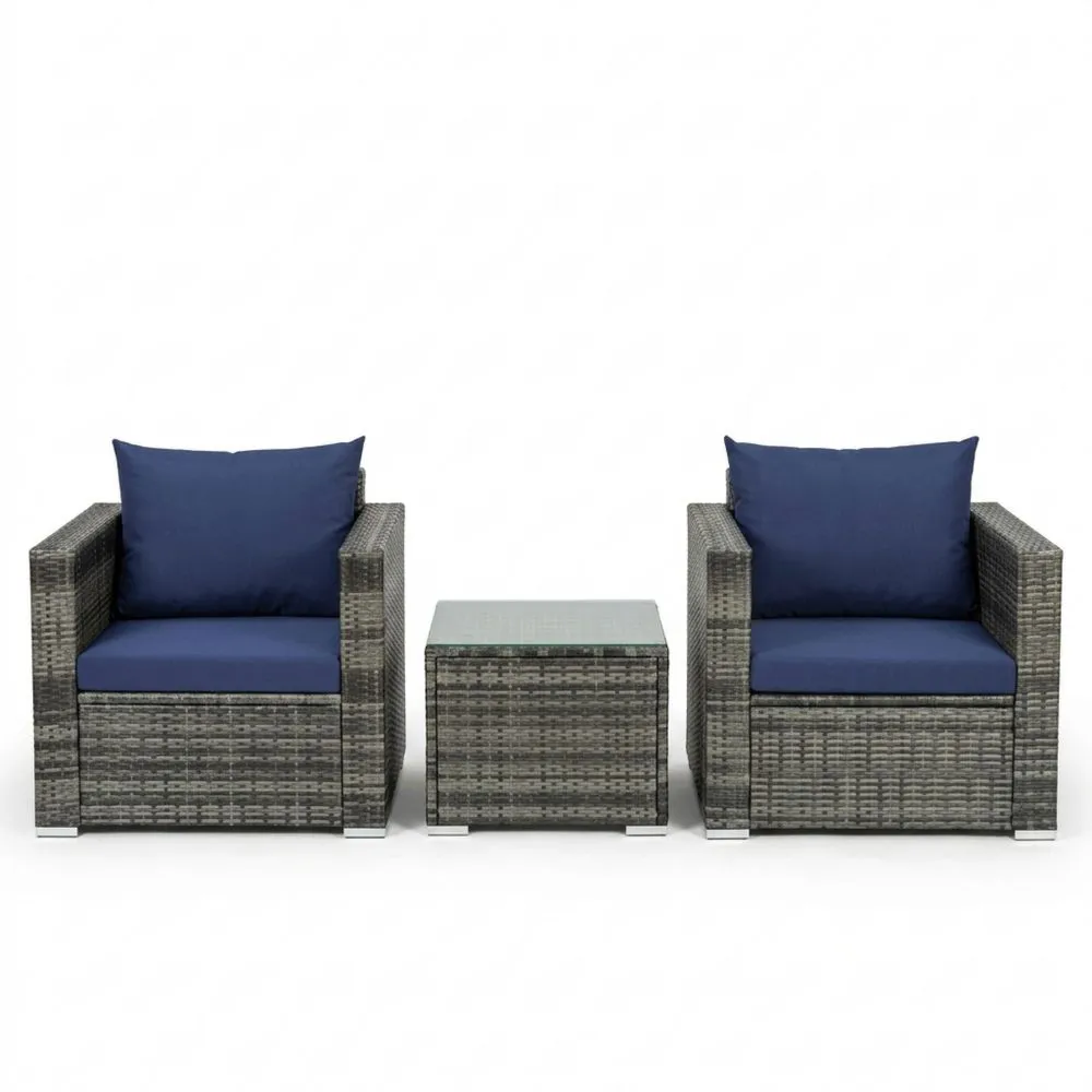 Rattan-Gartenset mit zwei Sesseln und Tisch, Grau und Blau