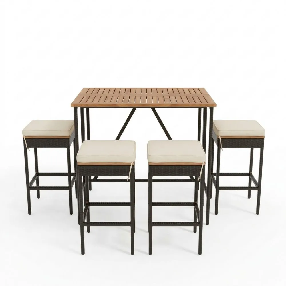 Esstisch-Set aus Akazienholz und Rattan, natur und dunkelbraun, mit Creme-Sitzkissen