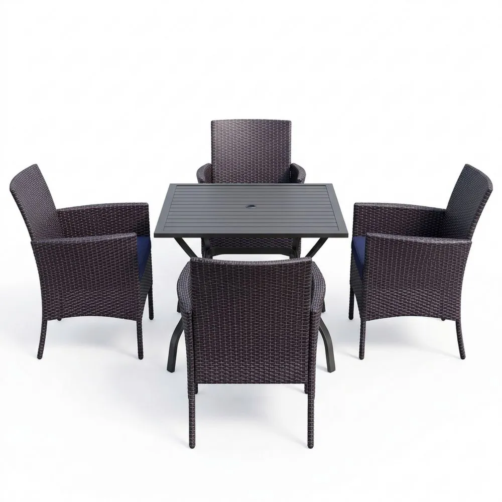 Gartenmöbel Set quadratisch Esstisch 90x90 cm mit 4 Rattan Stühlen Dunkelbraun