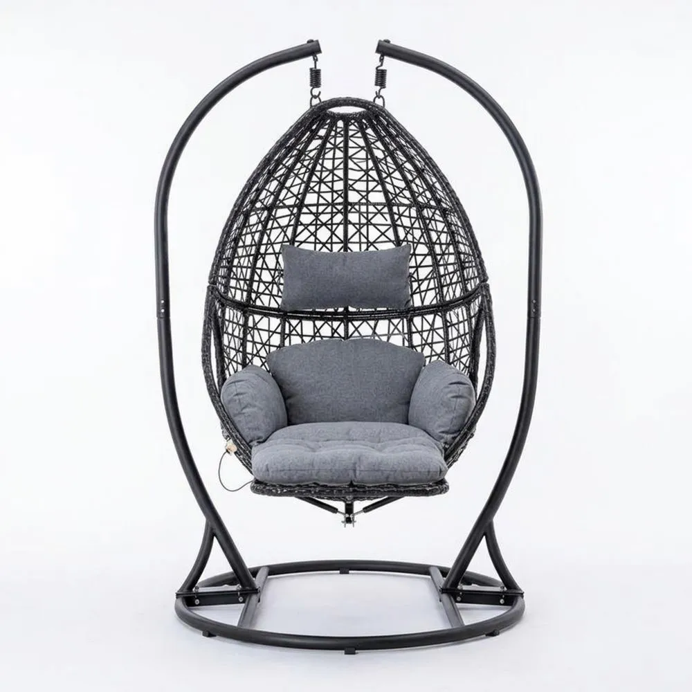 Hängesessel aus PE-Rattan mit Stahlgestell und Polyesterkissen Schwarz/Grau