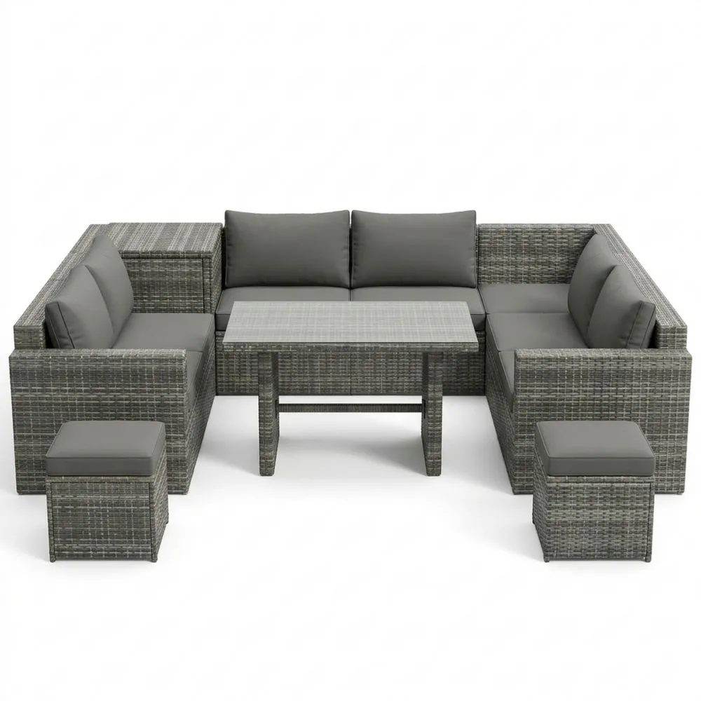 Polyrattan Gartenmöbel-Set aus Stahl Grau Ecksofa mit Tisch und Hocker