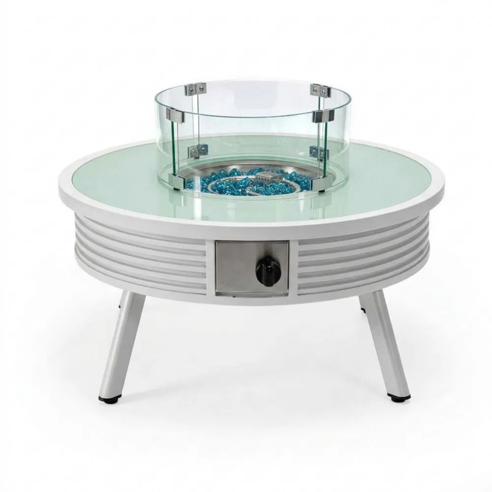 Runder Aluminium-Gasfeuertisch mit gehärtetem Glas, Weiß, 100 cm Durchmesser