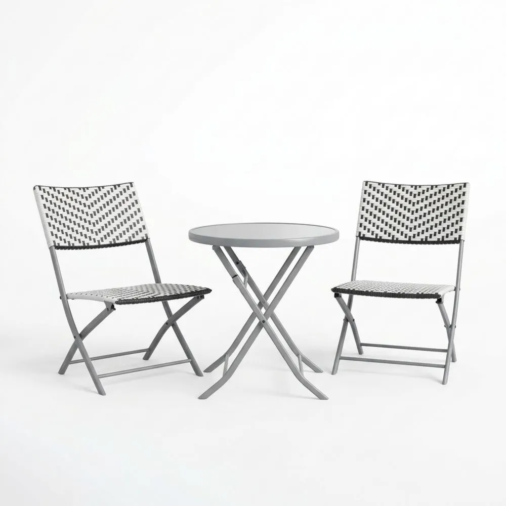 Bistro-Set Klapptisch Rund 60 cm mit 2 Klappstühlen Stahl Kunststoffgeflecht Schwarz/Weiß