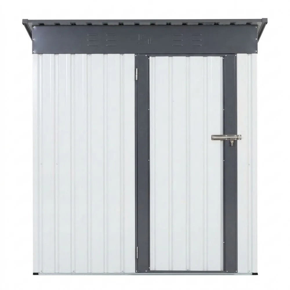 Geräteschuppen aus verzinktem Stahl mit grau-weißem, schrägem Dach