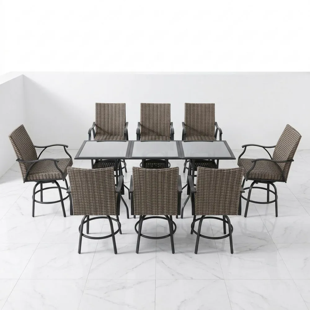 9-teiliges Outdoor-Gartentisch-Set Glas Rattan Aluminium Braun