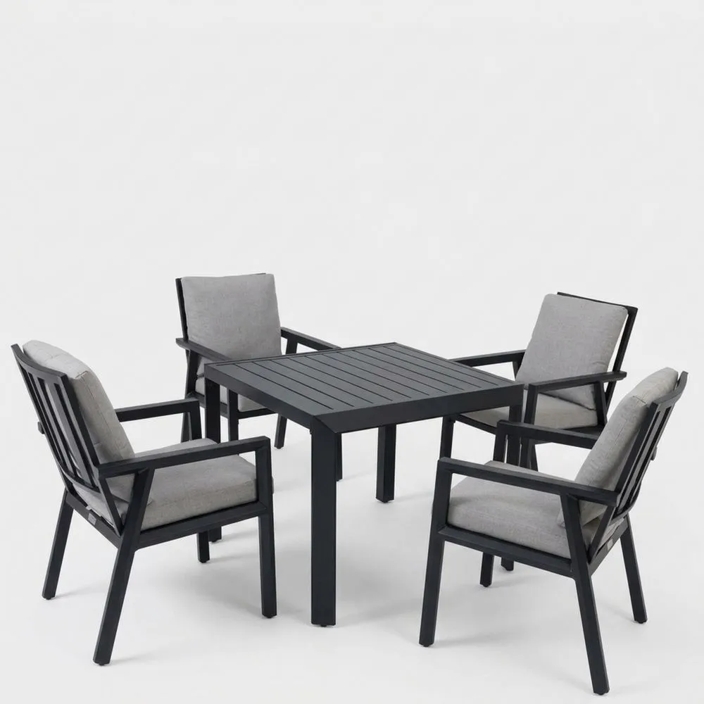 Aluminium Tischset Schwarz Quadratisch mit 4 Stühlen und Kissen