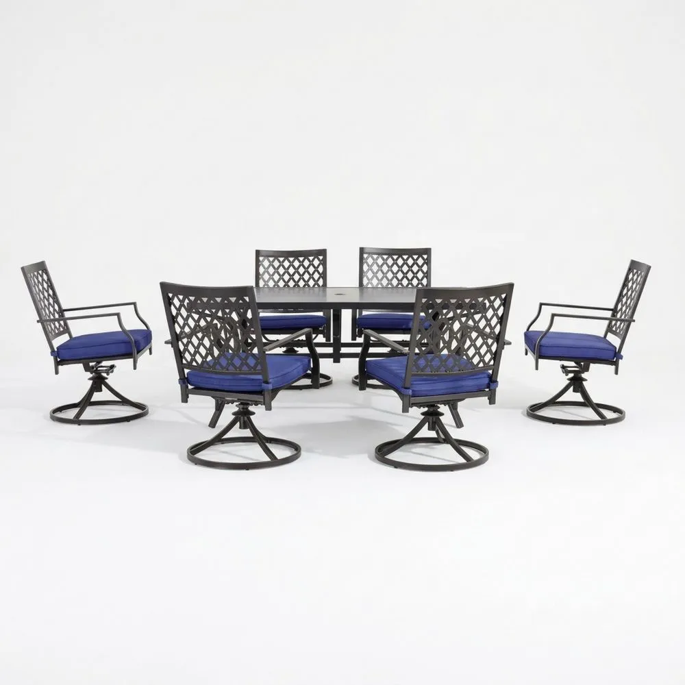 Outdoor Gartenmöbel-Set aus Aluminium mit Tisch und 6 Drehstühlen in Schwarz und Blau