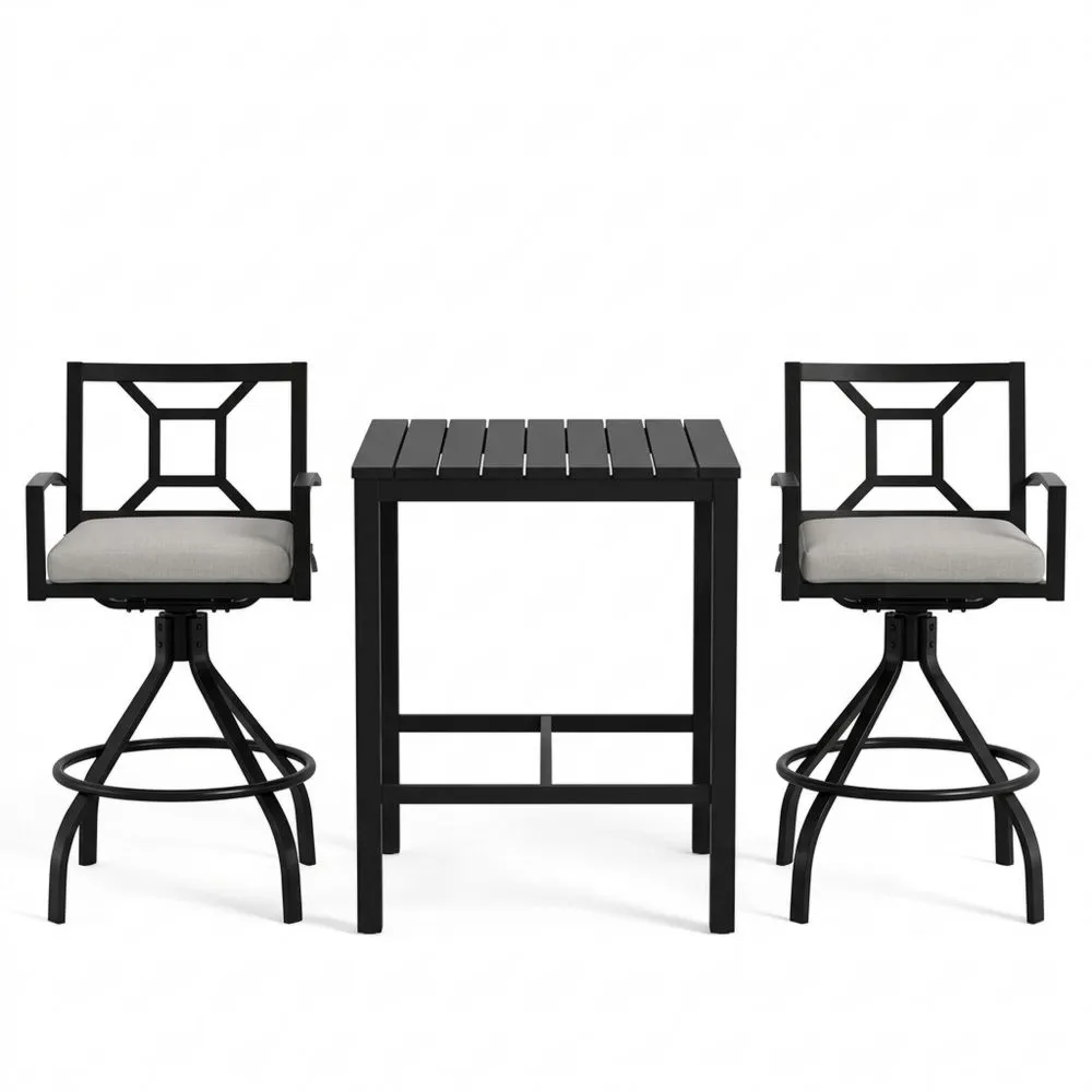 Aluminium Bistrotisch-Set mit 2 Drehstühlen und Polyesterpolsterung, Schwarz