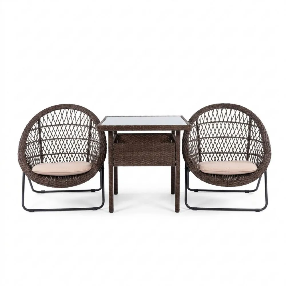 3-teiliges Gartenmöbel-Set aus Polyethylen-Rattan mit Glasplatte und Stahlrahmen in Braun