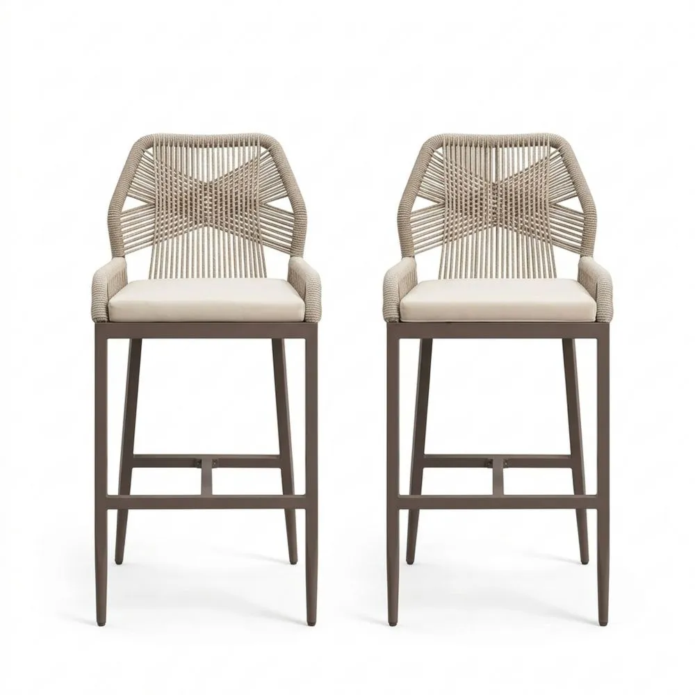 Barhocker Set Aluminium mit Seilrücken und Polstersitz Beige