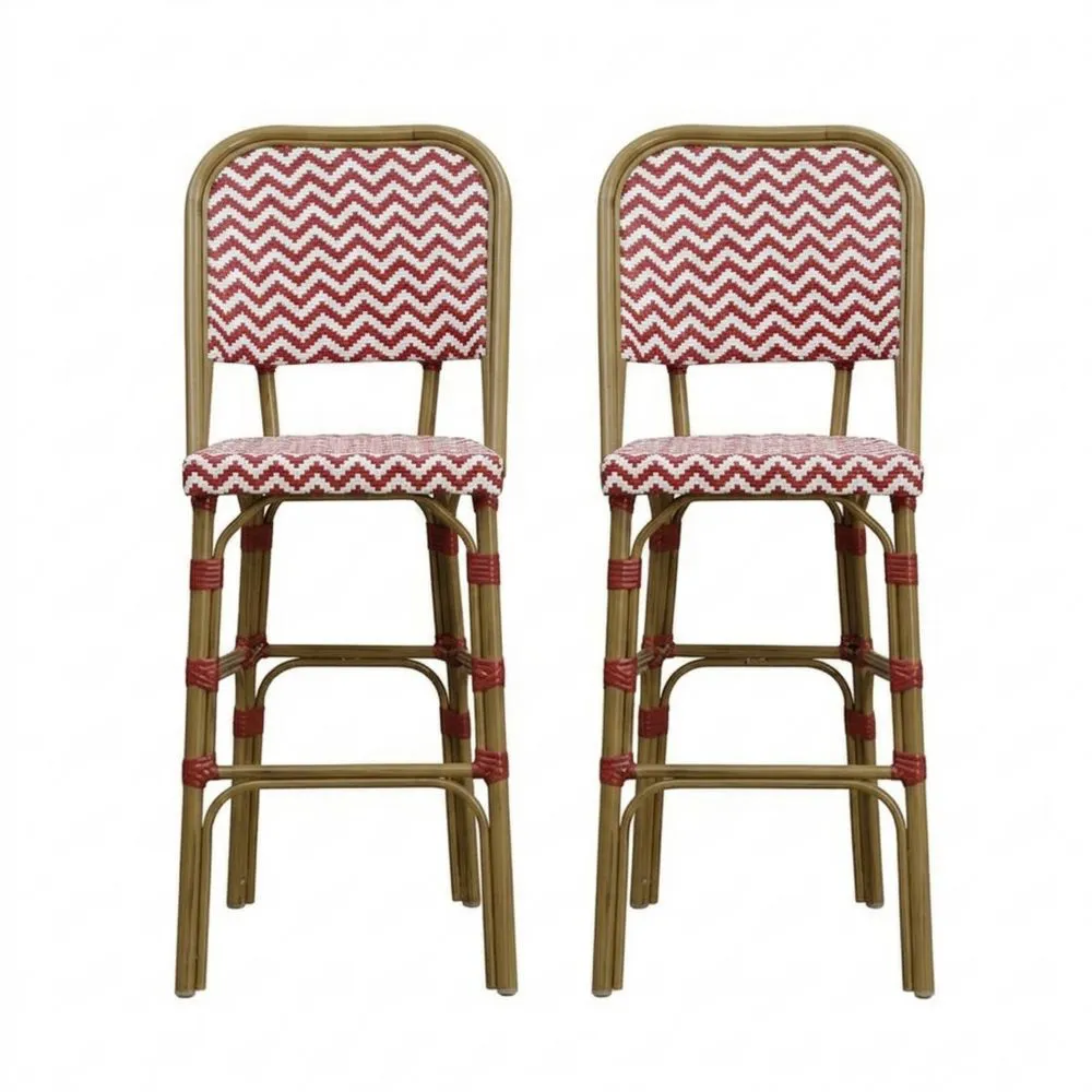 Set aus 2 Barhockern mit Rattanrahmen und roten Zickzack-Polyestersitzen