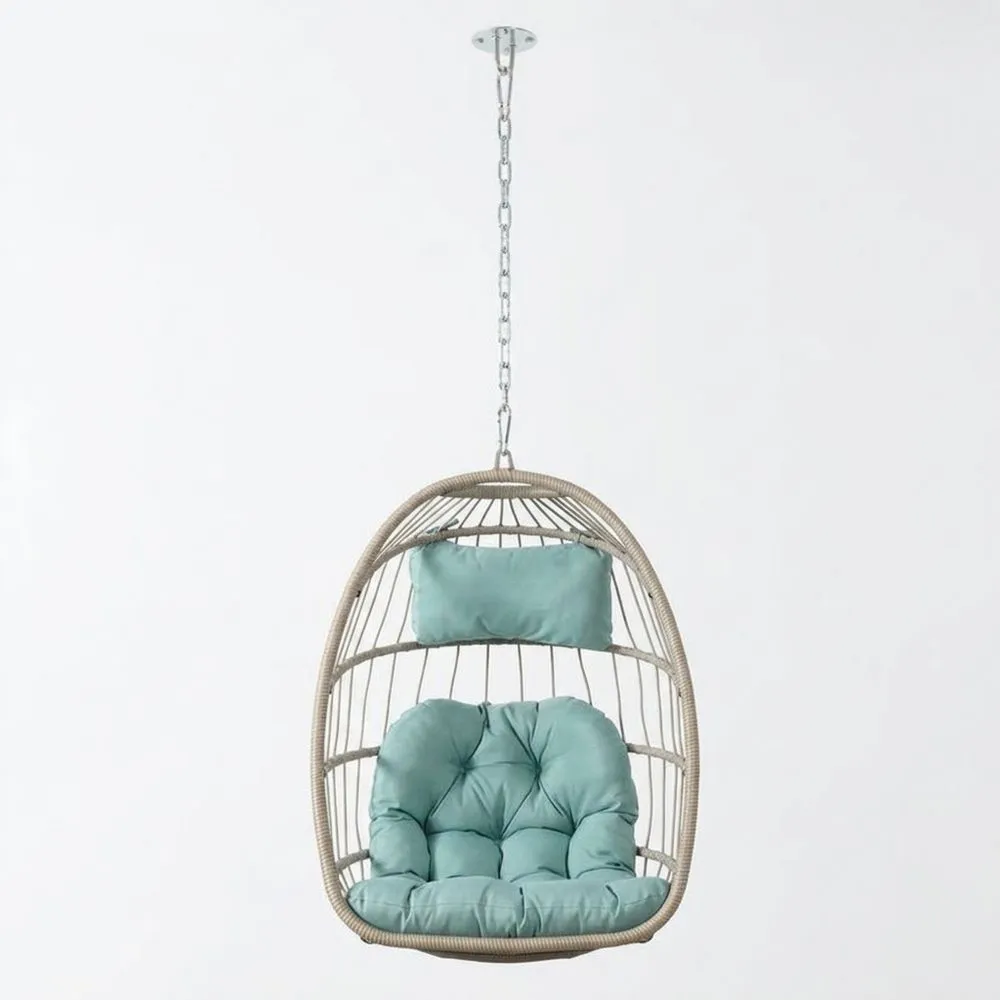 Hängesessel aus Rattan mit Polyesterkissen, Beige/Türkis