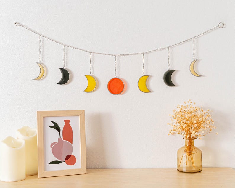 Vitral fase da lua, móbile lunar, decoração lunar, lua cheia, lua crescente, lua de vitral F59