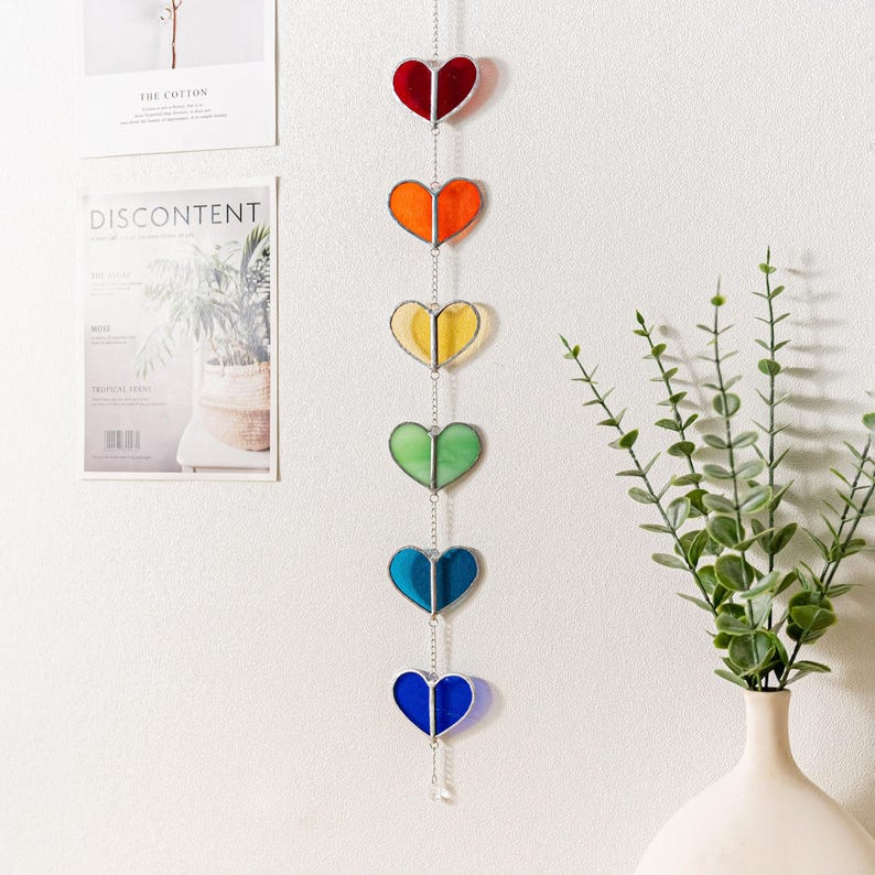 Vitral em forma de coração, arte solar para janela, coração em vitral, decoração de janelas, arte feita à mão, vitral para janela, cordão de corações F22