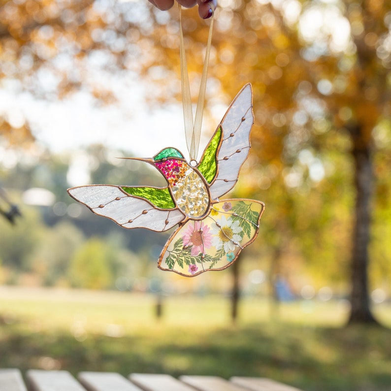 Vitrais de beija-flor para pendurar na janela, enfeites de pássaros para apanhador de sol, presentes para o Dia das Mães.
