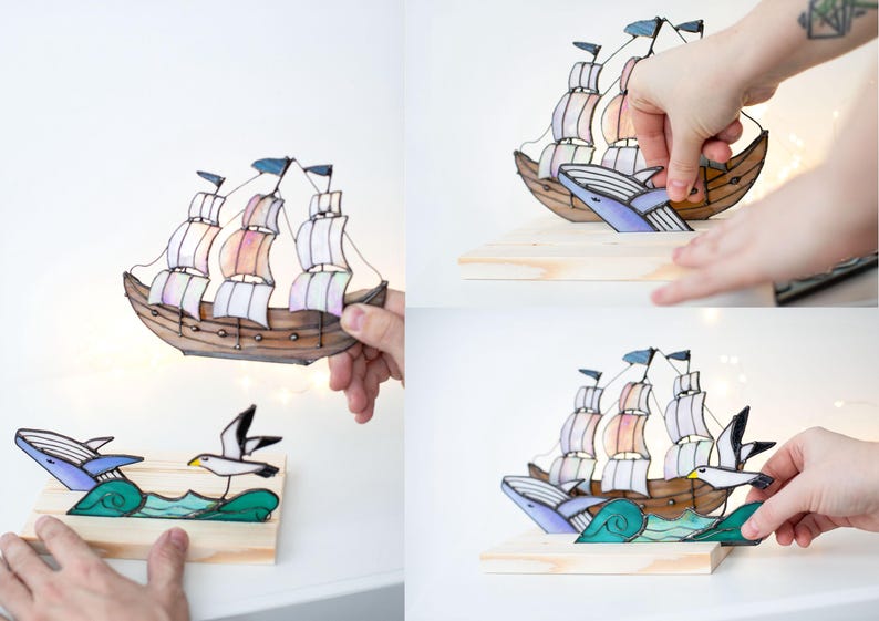 Escultura de vidro colorido vitral navio barco baleia decoração náutica iridescente