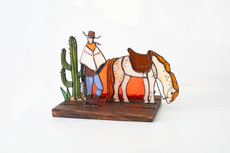 Escultura de vidro colorido vitral cowboy cavalo decoração western apanhador de sol