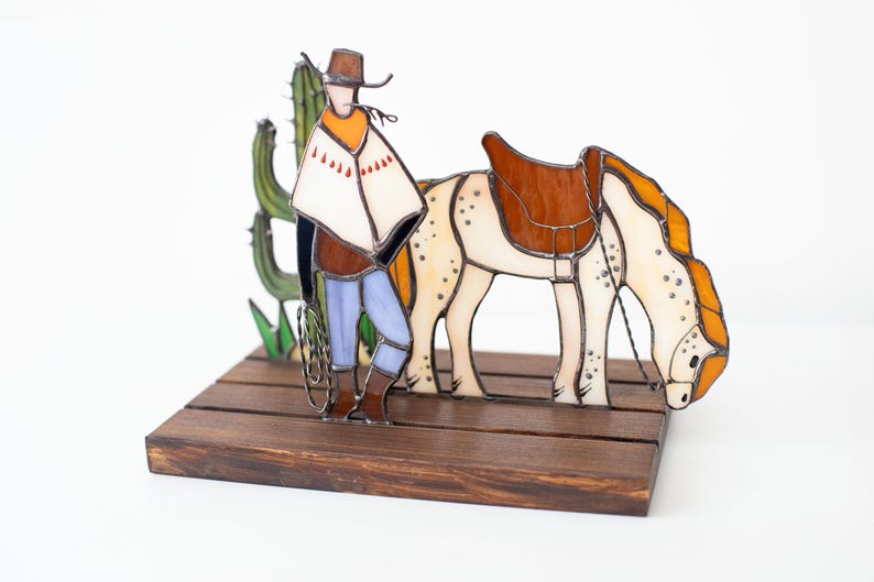 Escultura de vidro colorido vitral cowboy cavalo decoração western apanhador de sol