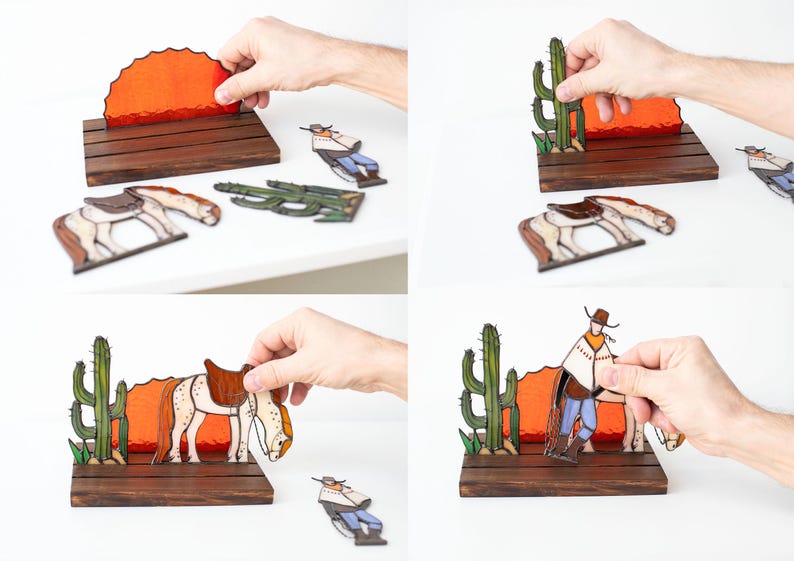 Escultura de vidro colorido vitral cowboy cavalo decoração western apanhador de sol