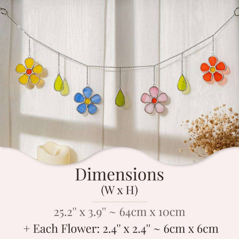 Guirlanda de flores de vidro, cordão de flores, arte em vitral, vitral de flores, decoração em vitral, enfeite de janela, arte feita à mão F97