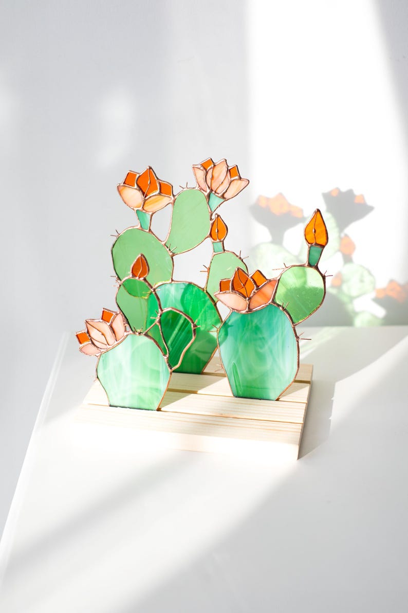 Escultura de vidro colorido vitral suculentas cactos apanhador de sol