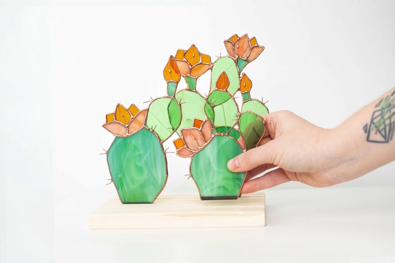 Escultura de vidro colorido vitral suculentas cactos apanhador de sol