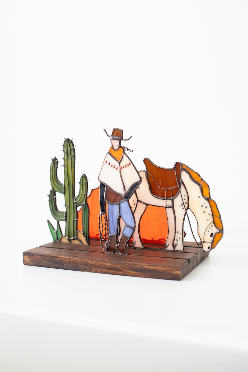Escultura de vidro colorido vitral cowboy cavalo decoração western apanhador de sol
