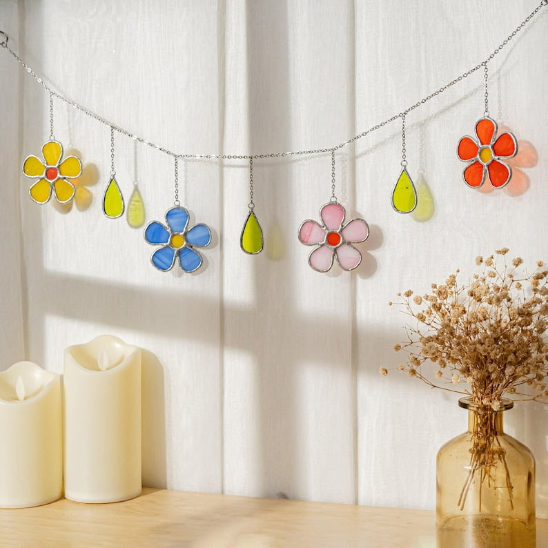 Guirlanda de flores de vidro, cordão de flores, arte em vitral, vitral de flores, decoração em vitral, enfeite de janela, arte feita à mão F97