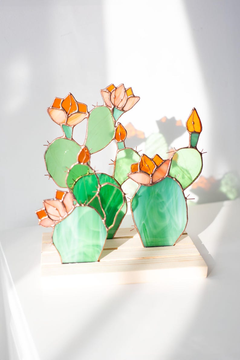 Escultura de vidro colorido vitral suculentas cactos apanhador de sol