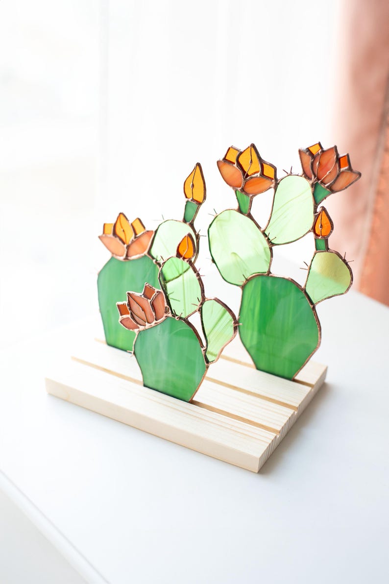 Escultura de vidro colorido vitral suculentas cactos apanhador de sol