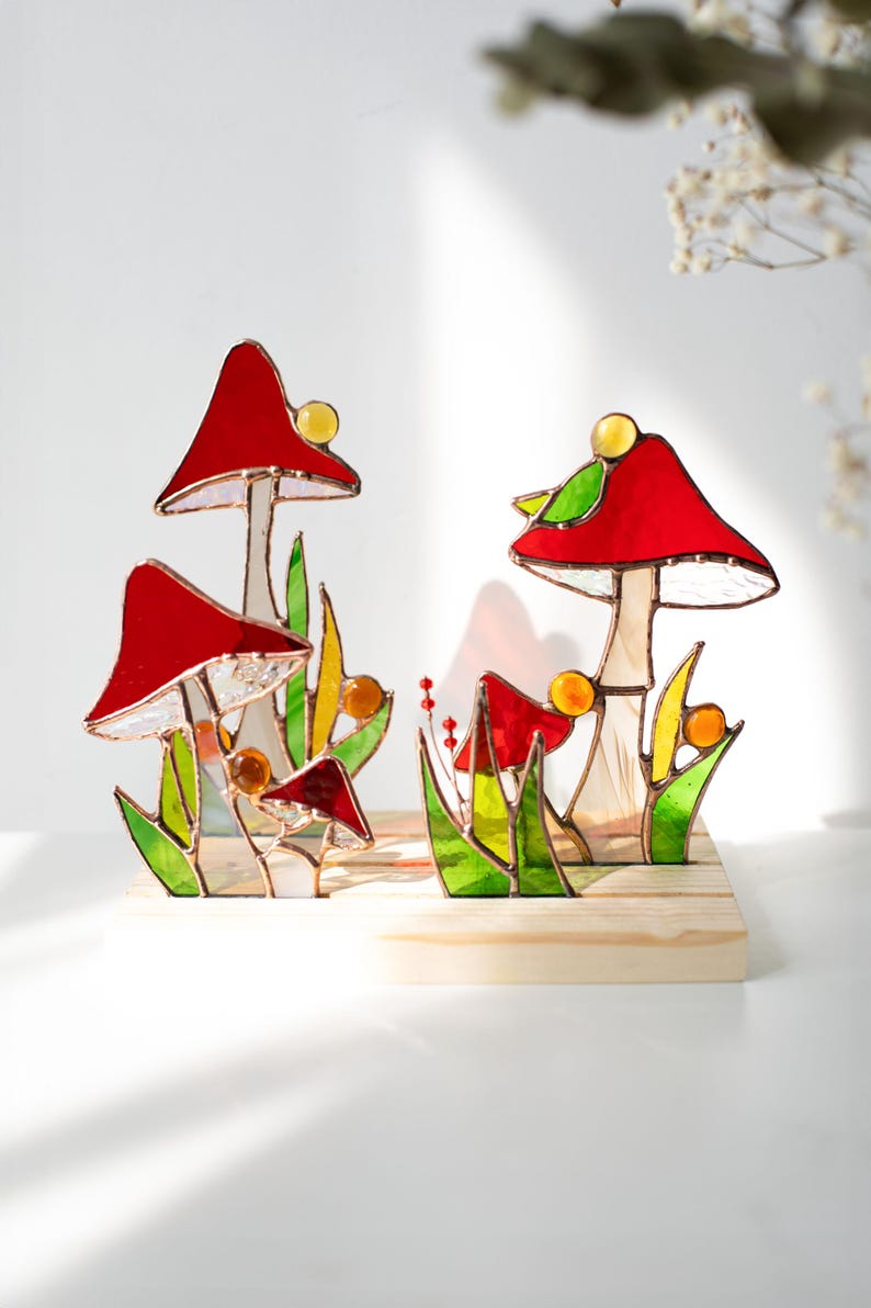 Escultura de vidro colorido vitral cogumelo apanhador de sol cottagecore decoração
