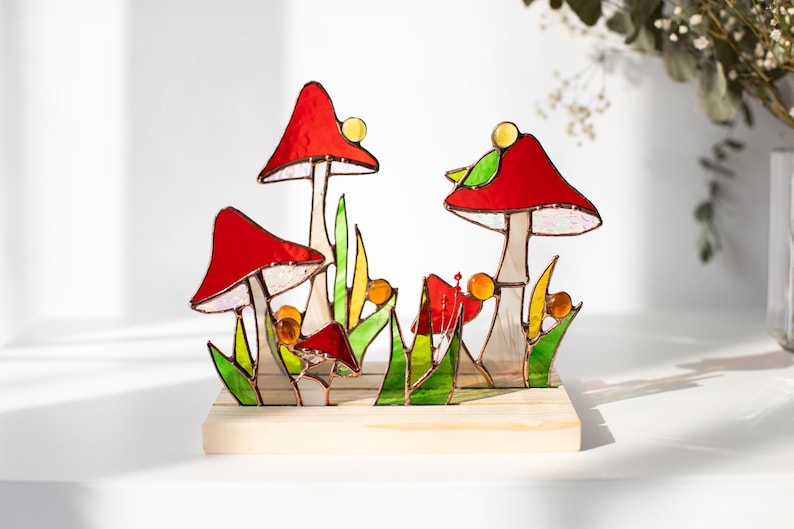 Escultura de vidro colorido vitral cogumelo apanhador de sol cottagecore decoração