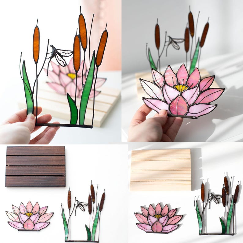 Escultura de vidro colorido vitral lótus com libélula apanhador de sol floral