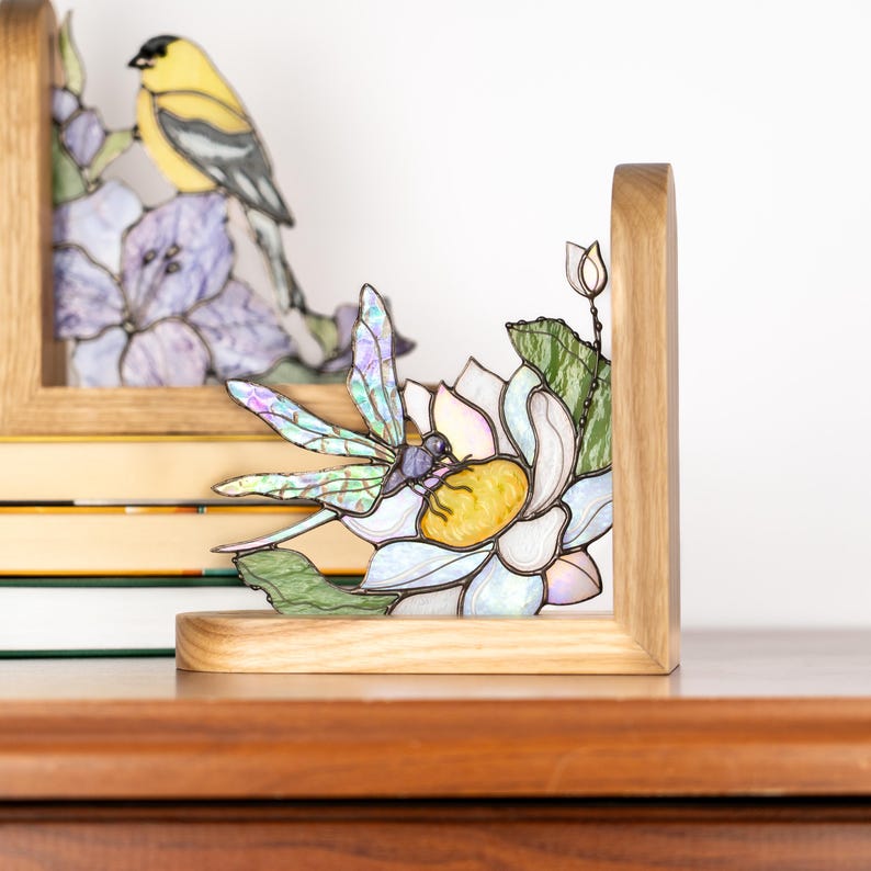 Suporte para livros de vidro colorido estilo vitral painel libélula decoração