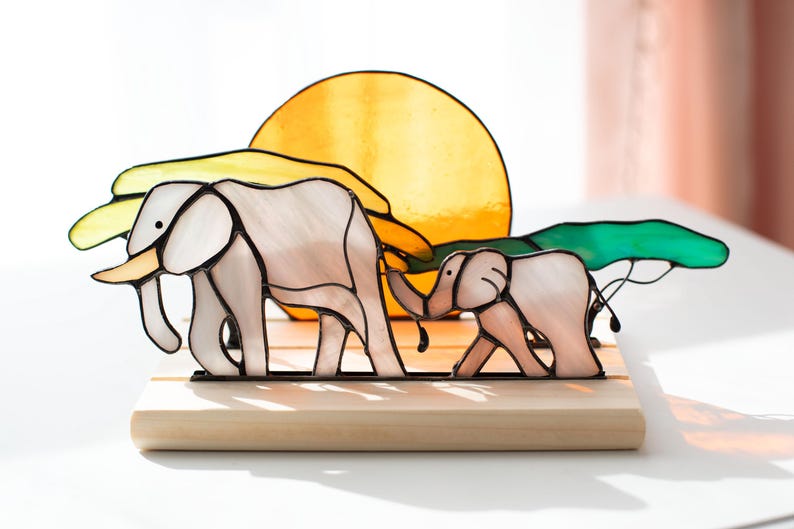 Escultura de vidro colorido vitral elefante árvore sol arte africana decoração casa