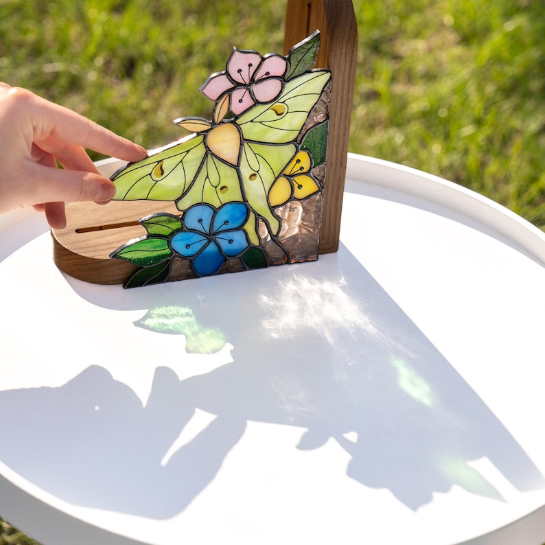 Suporte para livros de vidro colorido estilo vitral mariposa lunar presente mãe