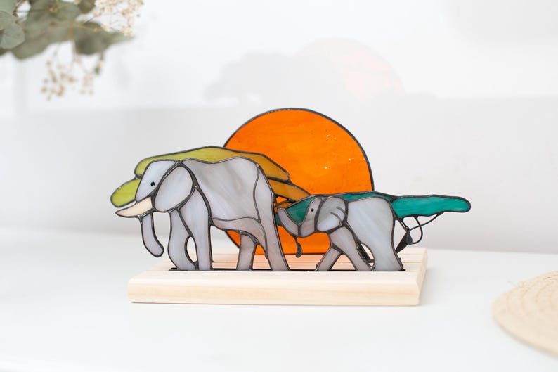 Escultura de vidro colorido vitral elefante árvore sol arte africana decoração casa