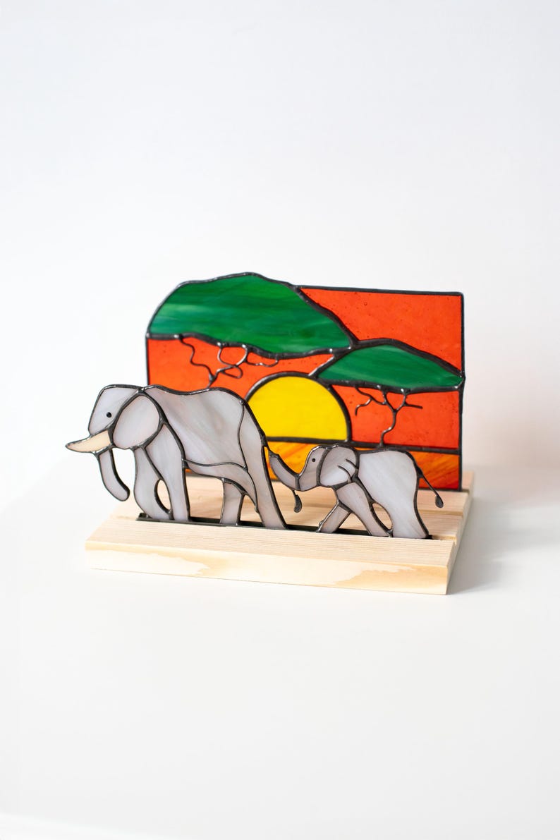 Escultura de vidro colorido vitral elefante árvore sol arte africana decoração casa
