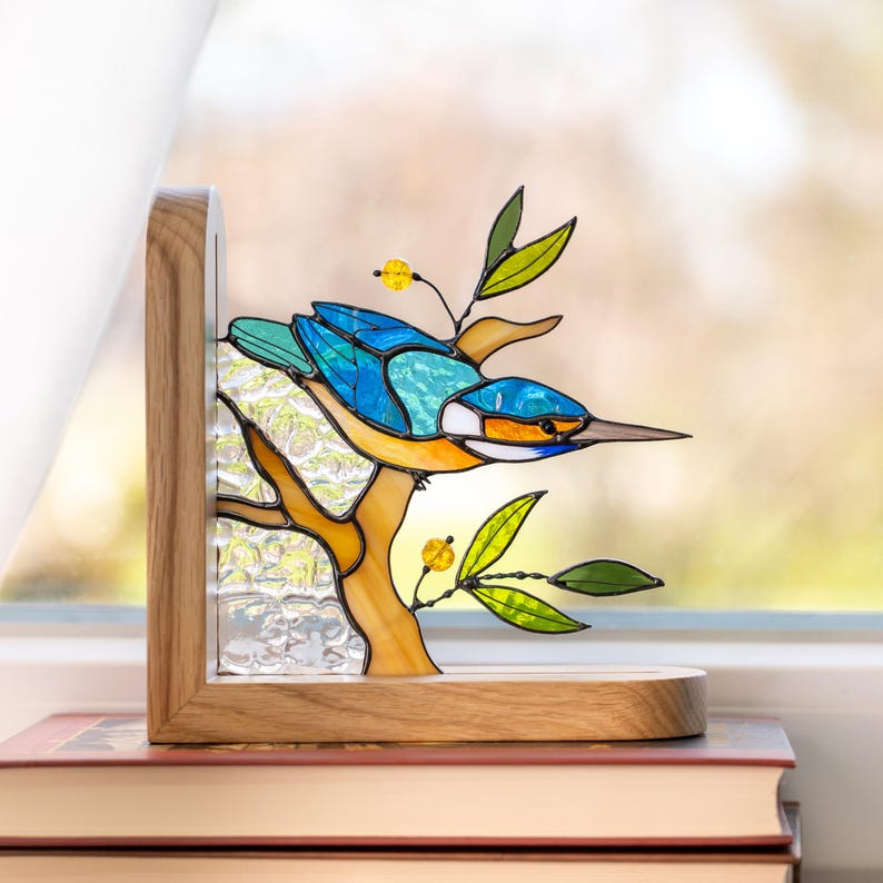 Suporte para livros de vidro colorido estilo vitral martim-pescador decoração