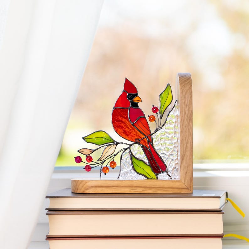 Suporte para livros de vidro colorido estilo vitral cardeal decoração