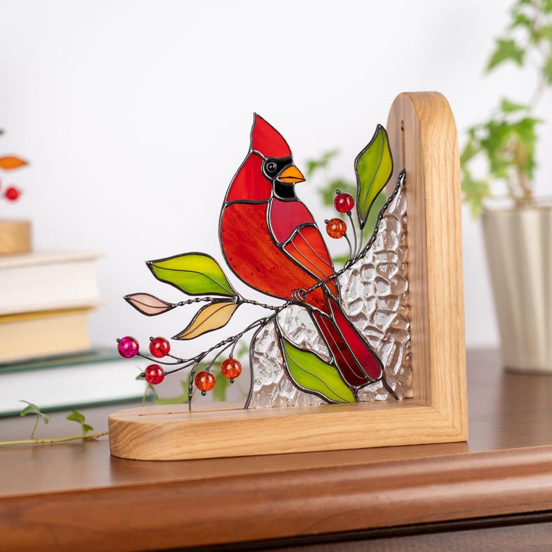 Suporte para livros de vidro colorido estilo vitral cardeal decoração