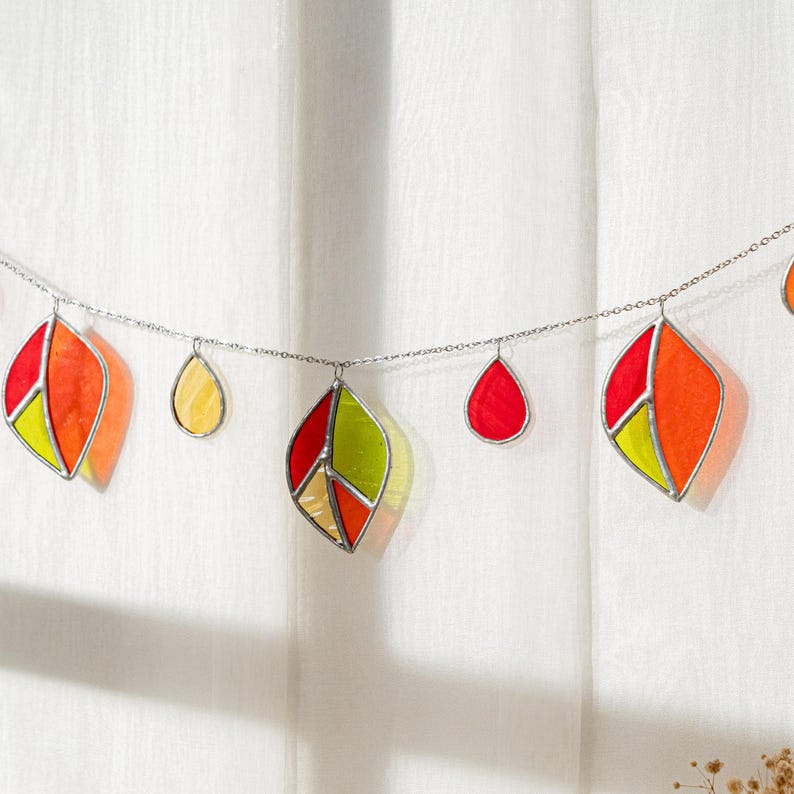 Guirlanda de Vitral com Folhas, Folha de Vidro, Planta de Vitral, Decoração de Janela com Planta, Vitral com Folhas, Guirlanda Pendurada, Decoração de Folhas Q04