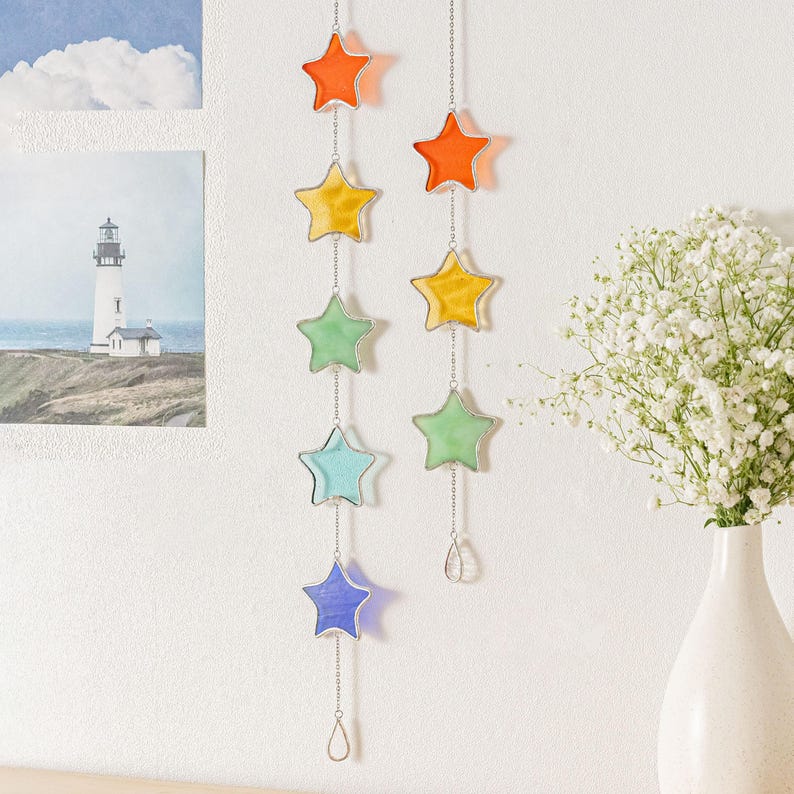 Guirlanda de estrelas de vitral, presente de aniversário feito à mão, decoração colorida para janelas, apanhador de luz para quarto infantil Q10
