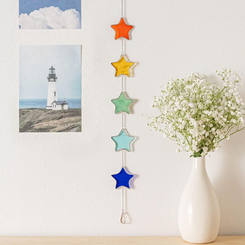 Guirlanda de estrelas de vitral, presente de aniversário feito à mão, decoração colorida para janelas, apanhador de luz para quarto infantil Q10