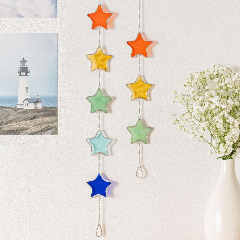 Guirlanda de estrelas de vitral, presente de aniversário feito à mão, decoração colorida para janelas, apanhador de luz para quarto infantil Q10