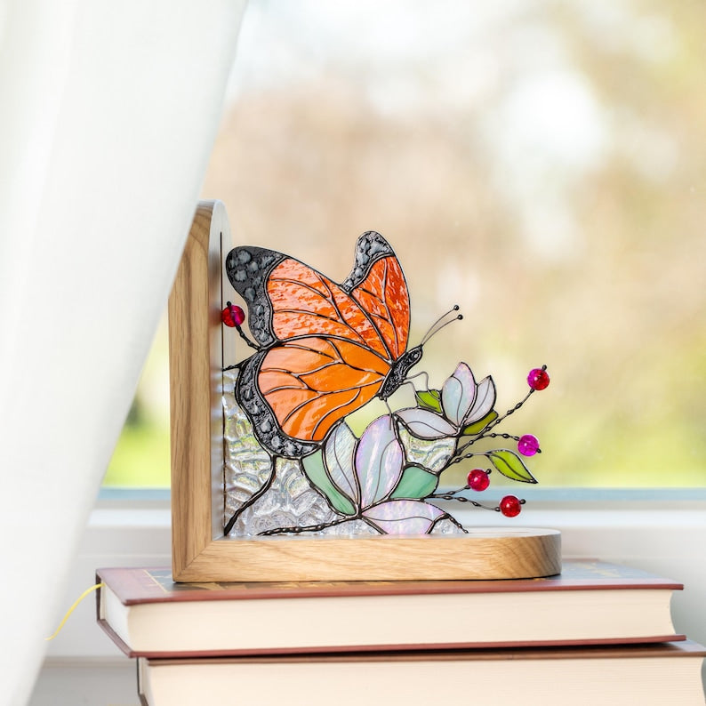 Suporte para livros de vidro colorido estilo vitral borboleta monarca decoração